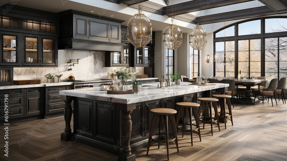 Photorealistic Transitional Kitchen Design: 2023 Interior Trends Combining Traditional and Modern Aesthetics Created with A Fusion of AI Powered Models