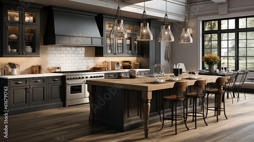 Photorealistic Transitional Kitchen Design: 2023 Interior Trends Combining Traditional and Modern Aesthetics Created with A Fusion of AI Powered Models