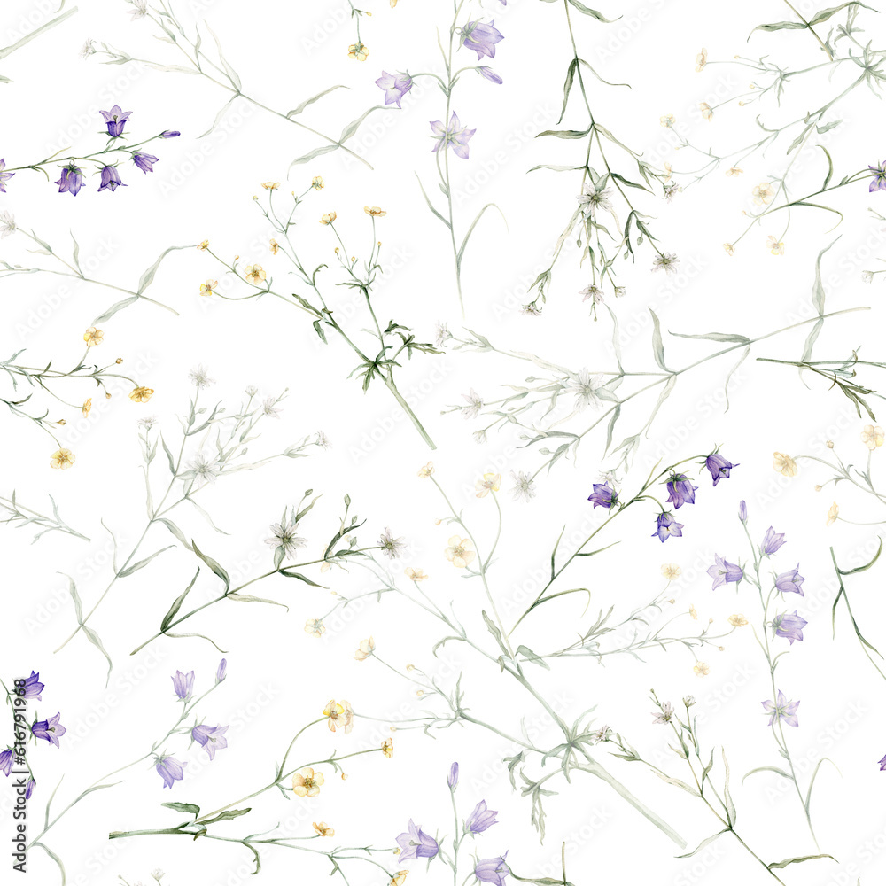 Watercolor floral seamless pattern in vintage rustic style, colored garden, hand painting print with meadow flowers, leaves and plants, design texture. Bluebell, buttercup, stellaria holostea.