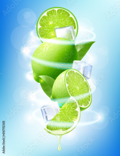 Fresh lime with ice cubes falling or flying. Composition of elements lime with leaves, half lime, sliced lime, 3D realistic vector illustration isolated on blue background