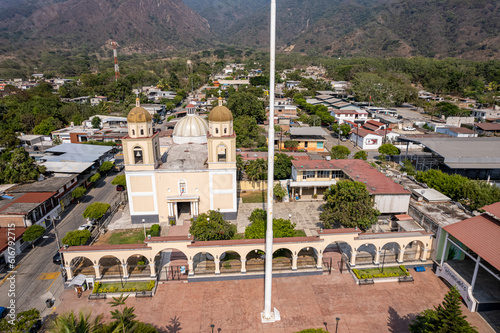 Facade of the Parish of the Immaculate Conception in the historical center of Minatitlan Colima. Traditional Catholic temple with architectural details.