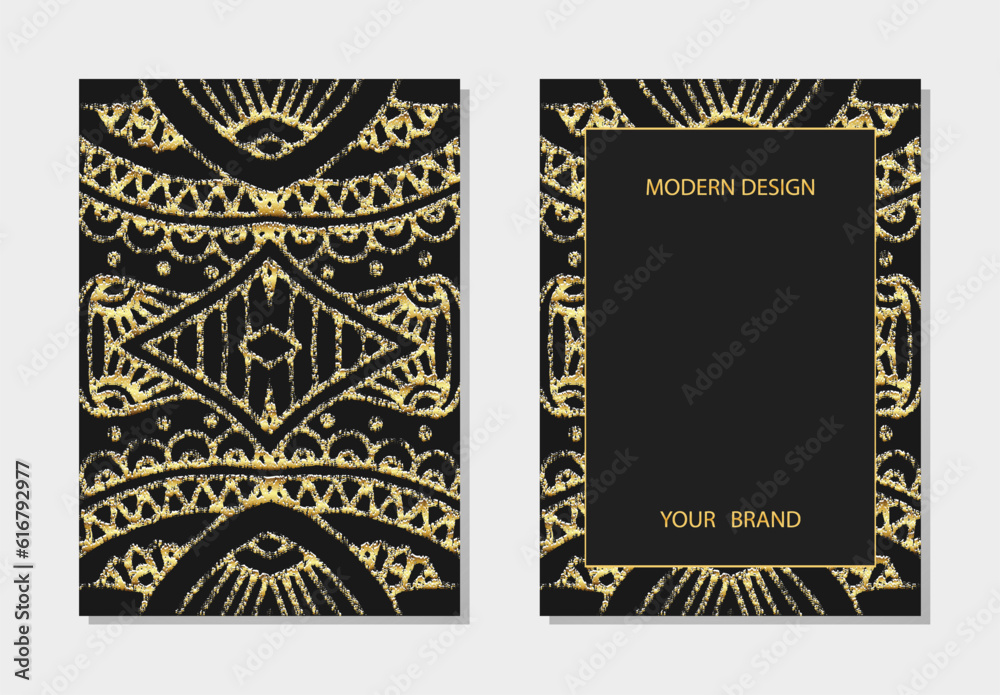 Obraz premium Cover set, vertical templates. Unique relief geometric background with 3D pattern, golden texture, space for text. Tribal heritage of the peoples of the East, Asia, India, Mexico, Aztec, Peru.