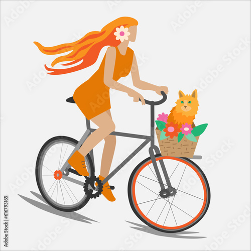 Illustration with a girl with red long hair and a with green eyes in a basket with flowers. Bike ride, Spring trip. for postcards, magazines, invitations, books.