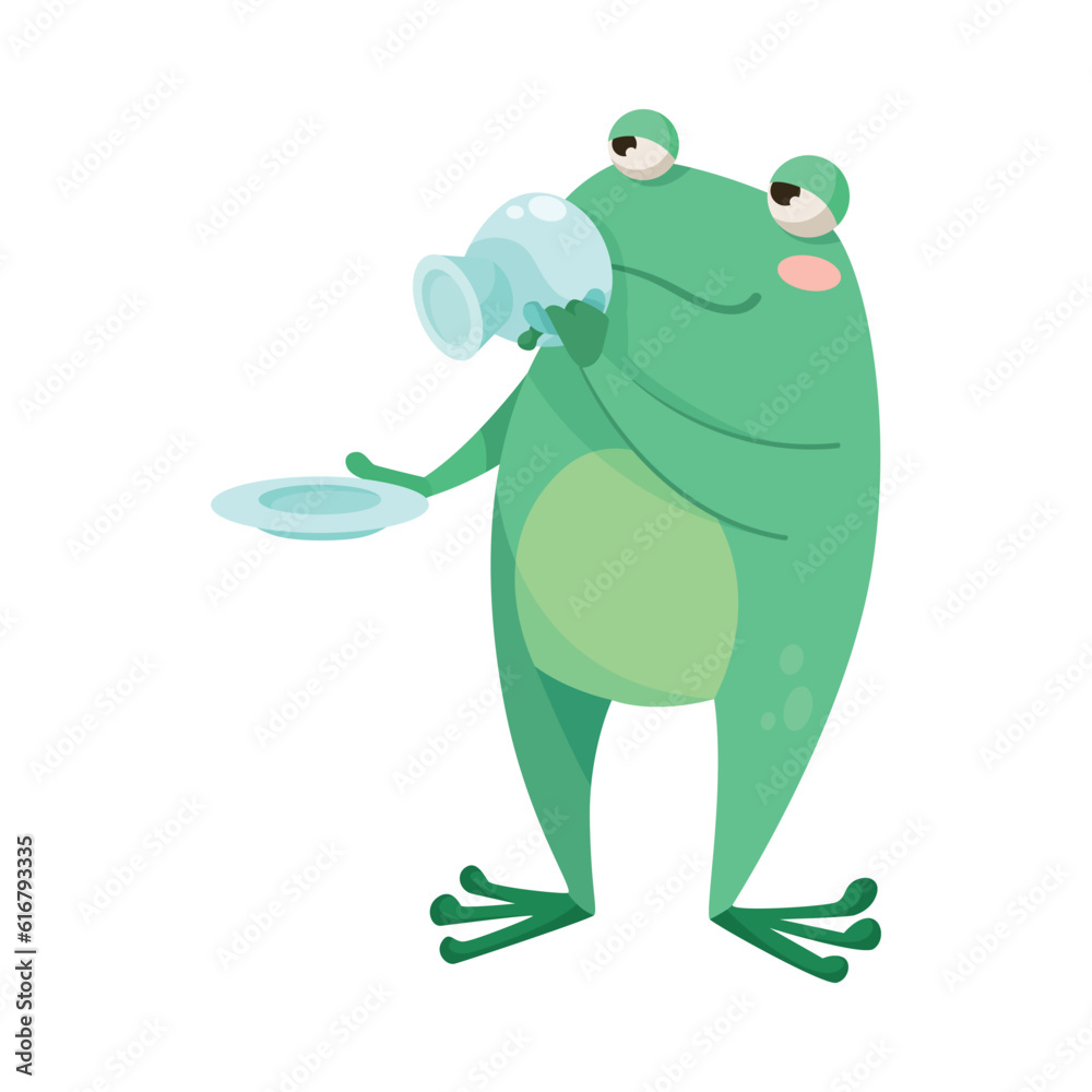 Fototapeta premium Cute Green Leaping Frog Character Drinking Tea with Cup Vector Illustration