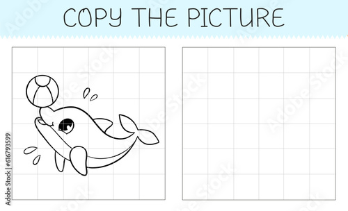 Copy the picture is an educational game for kids with cute dolphin with ball. Cute cartoon dolphin coloring book. Vector illustration.