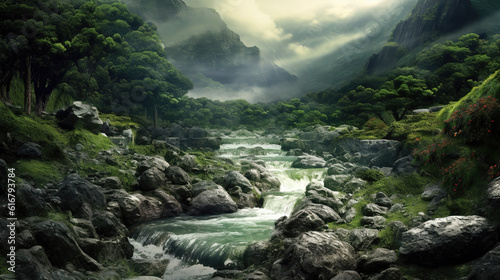 a wonderful peaceful place on earth as a wallpaper background illustration, little river, ai generated image © Sternfahrer