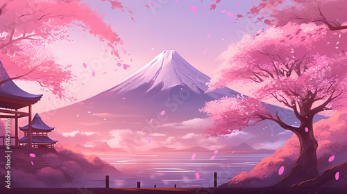 Obraz na plátne a pink inspired mountain fuji wallpaper, cherry tree style, ai generated image
