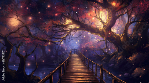 a fairytale inspired anime wallpaper with a long bridge and shining trees  ai generated image