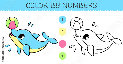 Color by numbers coloring book for kids with cute dolphin with ball. Coloring page with cartoon dolphin with an example for coloring. Monochrome and color versions. Vector illustration.