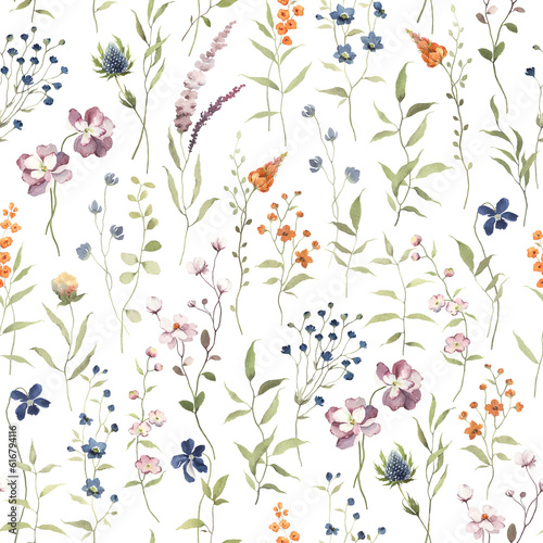 Botanical seamless pattern with of abstract delicate branches with small simple flowers, watercolor isolated illustration for floral textile, background, design wallpapers, fabric or wrapping paper. © Nikole