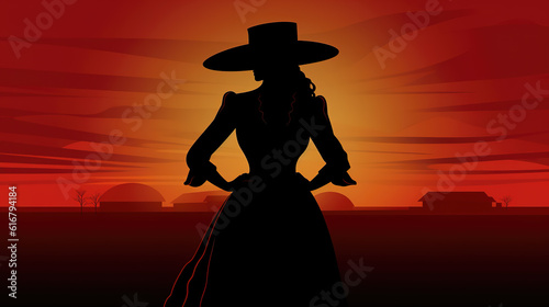 cool wild west inspired brave woman silhouette at sunset, ai generated image