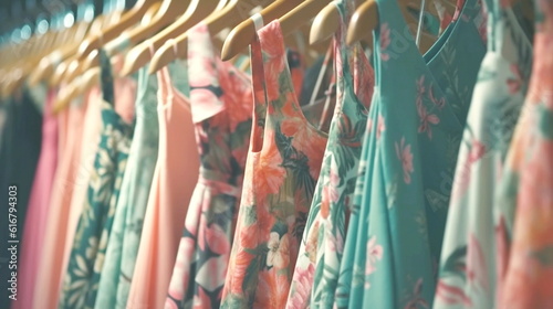 clothing for sale ,fashion women's summer , pink green tropical fabric beach casual dresses hanging in a row on a in shopping center,season moda