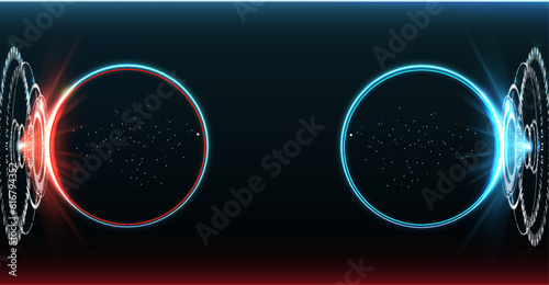 Versus round blue and red glow rays night scene with sparks on black background. Competition vs match game, martial battle vs sport. Futuristic versus illustration. 