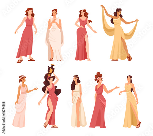 Roman or Greek Girl in Antique Clothes Stand and Gesturing with Amphora Vector Set
