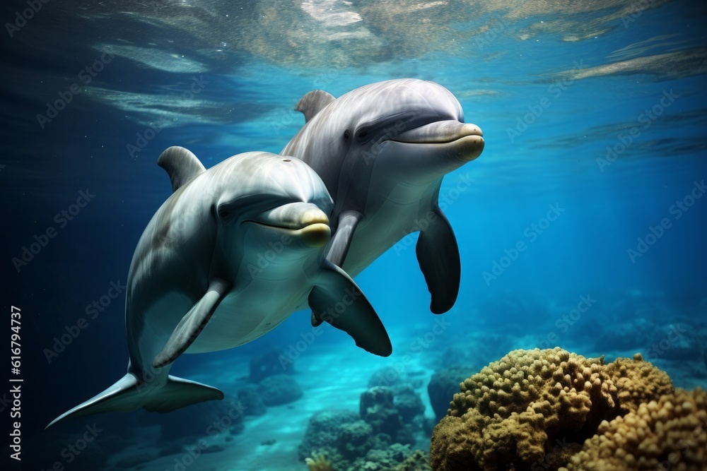Graceful underwater duo: A captivating shot of a couple of dolphins gracefully swimming beneath the surface, showcasing the beauty and elegance of these intelligent marine creatures. Generative AI Graceful underwater duo: A captivating shot of a couple of dolphins gracefully swimming beneath the surface, showcasing the beauty and elegance of these intelligent marine creatures. Generative AI