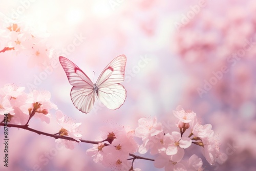 Romantic floral enchantment: A delicately pink natural floral background with a white butterfly resting on a flower, bathed in soft daylight. The beautiful bokeh and pastel colors Generative AI © Kishore Newton