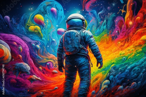Vibrant cosmic explorer: A cosmonaut adorned in the brilliant colors of the rainbow, symbolizing the spirit of adventure and diversity in the vast expanse of the cosmos.. Generative AI