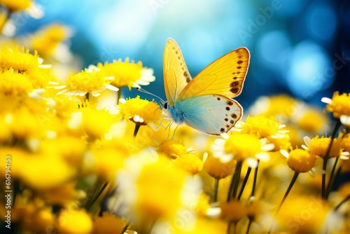 Enchanting summer meadow: A cheerful and vibrant scene of yellow Santolina flowers in a meadow, accompanied by fluttering butterflies, basking under the bright sunshine. Generative AI © Kishore Newton