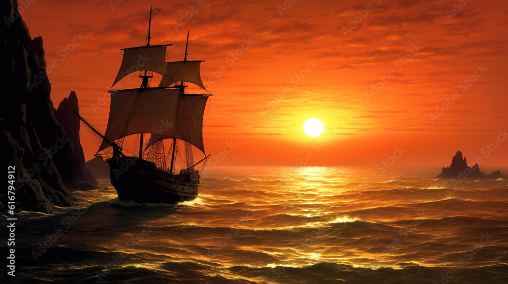 a wonderful sunset illustration of a medieval ship at night, ai generated image