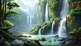 a nature wallpaper artwork of a rainforest waterfall scene, ai generated image