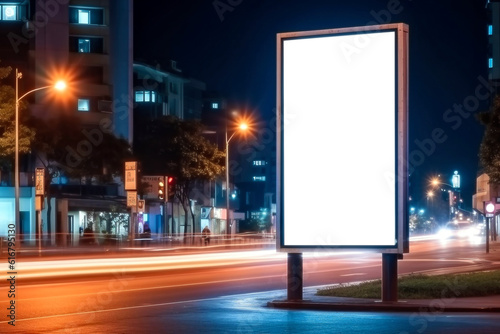 ilustration, light advertising box mockup and city traffic at night, generative AI