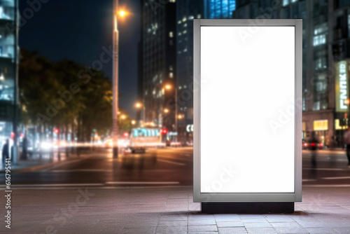 ilustration, light advertising box mockup and city traffic at night, generative AI