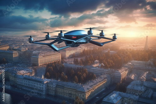Unmanned military drone flies in the sky over Moscow, generative ai