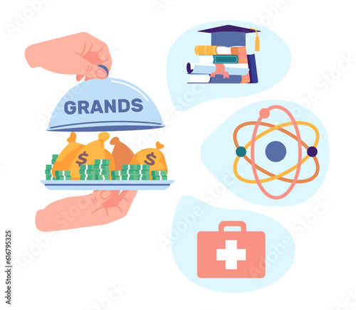 Allocating and receiving grants for study. Science and medicine. Education payment. Physics and medical research. Graduation hat. Hands holding tray with money banknotes. Vector concept