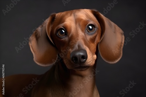 Studio portrait of brown dachshund on dark background, ai generated © Elena