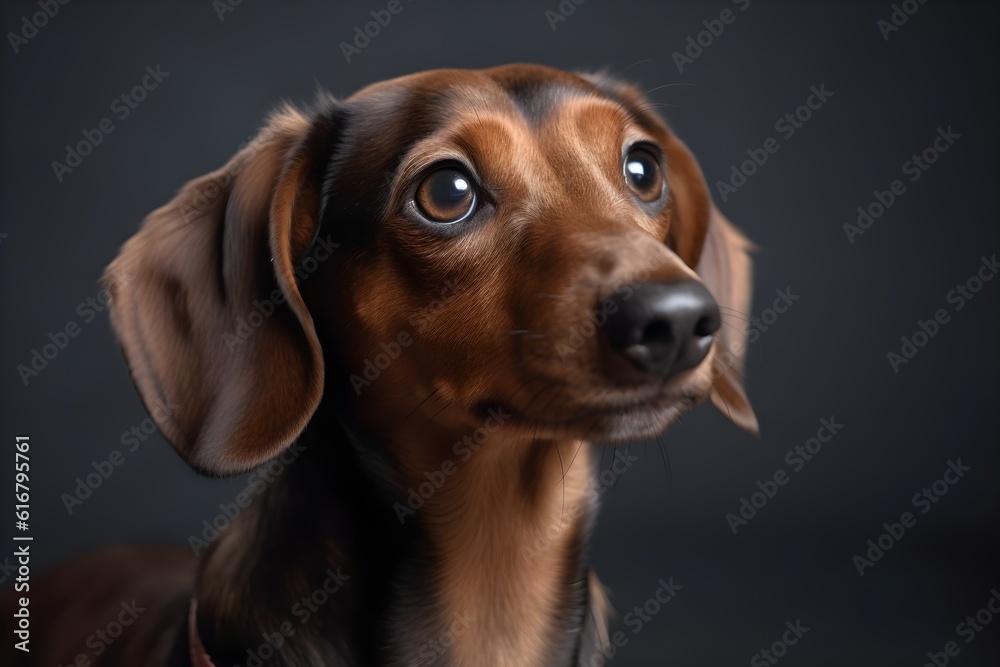 Studio portrait of brown dachshund on dark background, ai generated