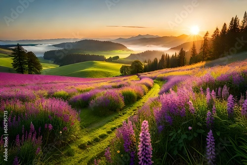 lavender field at sunrise flowers garden with beautiful nature generative in ai technology