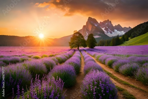 lavender field at sunset flowers garden with beautiful nature generative in ai technology