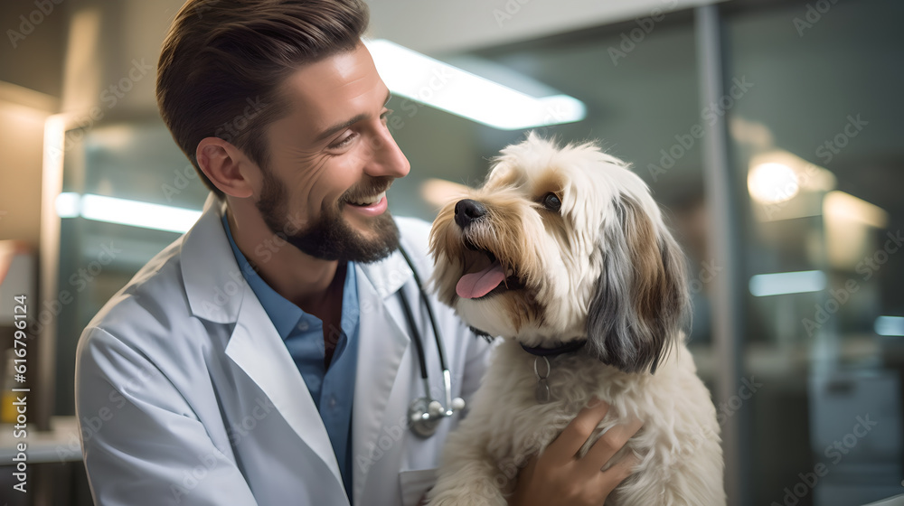 Portrait of smiling veterinarian examining dog in vet office at vet clinic. Generative Ai. Portrait of smiling veterinarian examining dog in vet office at vet clinic. Generative Ai.