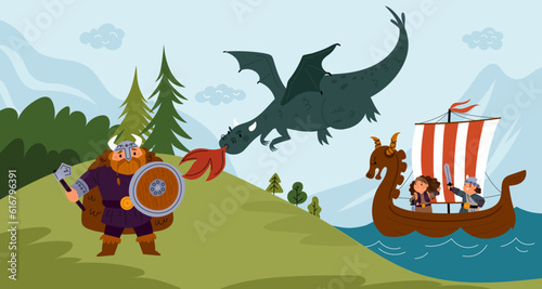 Cartoon vikings battle. Scandinavian warrior fights fire breathing dragon. Fairy tale hero. Drakkar and barbaric character. Celtic sailboat. Man with shield or ax. Garish vector concept