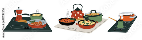 Cooking food. Dishes on stoves. Pot and pan on cooktops. Meal preparation process. Pasta and soup preparing. Meat steak on saucepan. Coffee cezve. Kitchen ovens set. Garish vector concept
