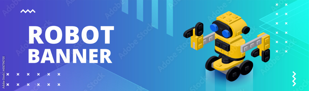 Fototapeta premium Horizontal banner with a yellow robot assembled from plastic blocks in isometric style for printing and design. Vector illustration.