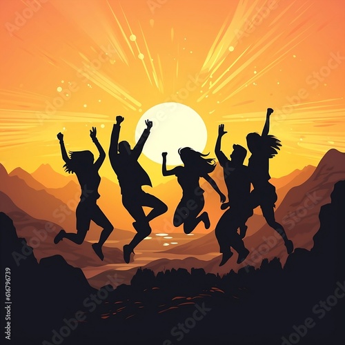 group of people jumping over the mountain sunset, friends party, happy time ,Generative AI