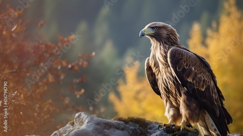 Golden eagle Aquila chrysaetos standing in the rock high ground with nature background.