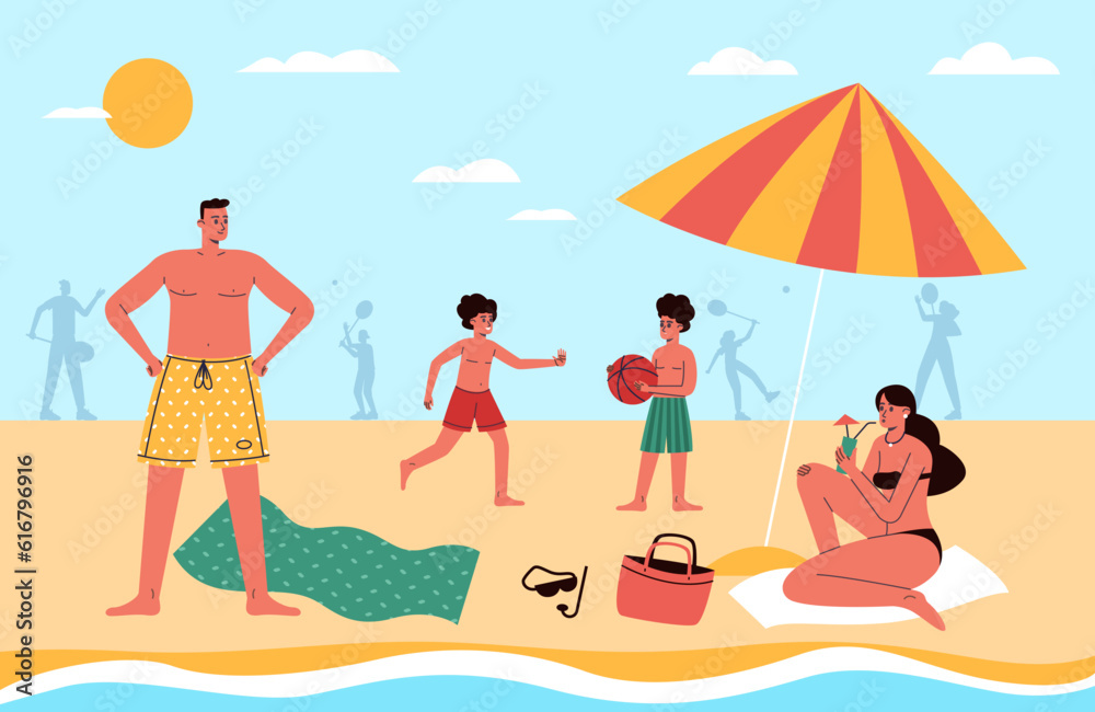 Family beach relaxing. Happy parents in swimsuits with sons on seashore. Children playing ball in sand. Mother and father sunbathing under umbrella. Weekends leisure. Vector concept