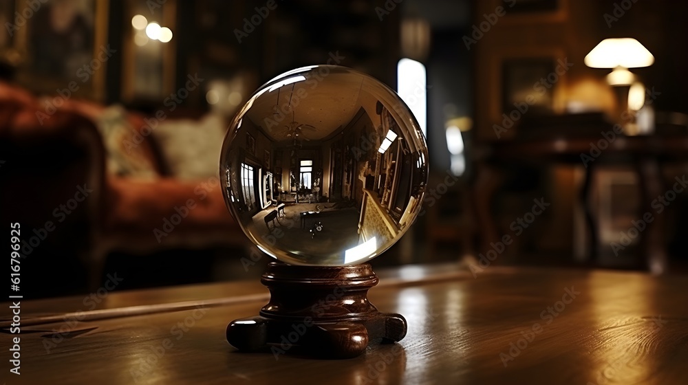 A large shiny transparent glass ball sphere crystal in the table indoor. A large shiny transparent glass ball sphere crystal in the table indoor.