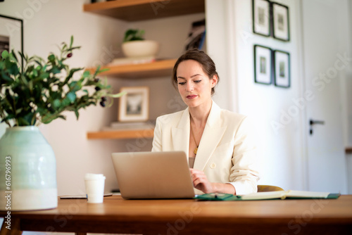 Young businesswoman using laptop and working from home