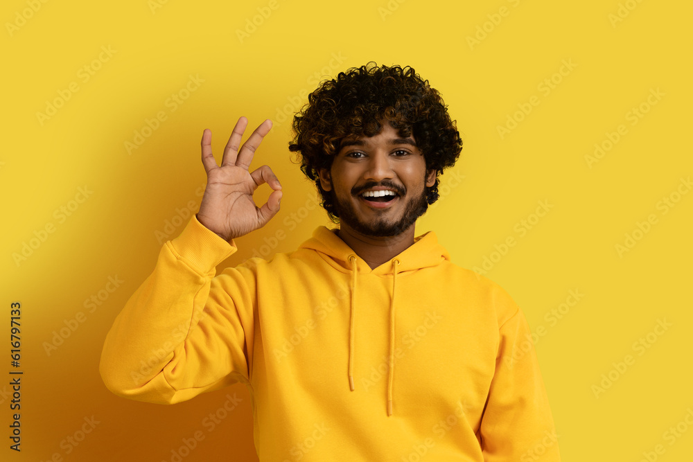 Positive cool indian guy showing okay gesture and smiling