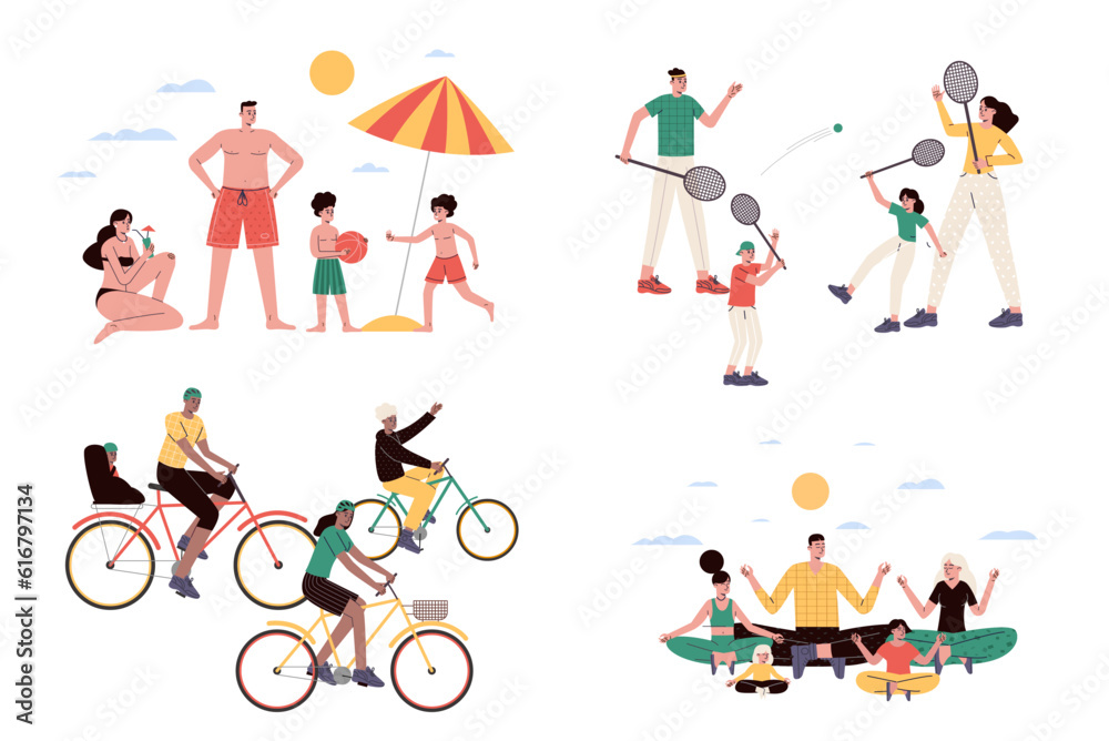 Fototapeta premium Family group activities. Happy parents with little children do various hobbies on weekends. Summer trainings. Mother and father together with kids play ball. People leisure vector set