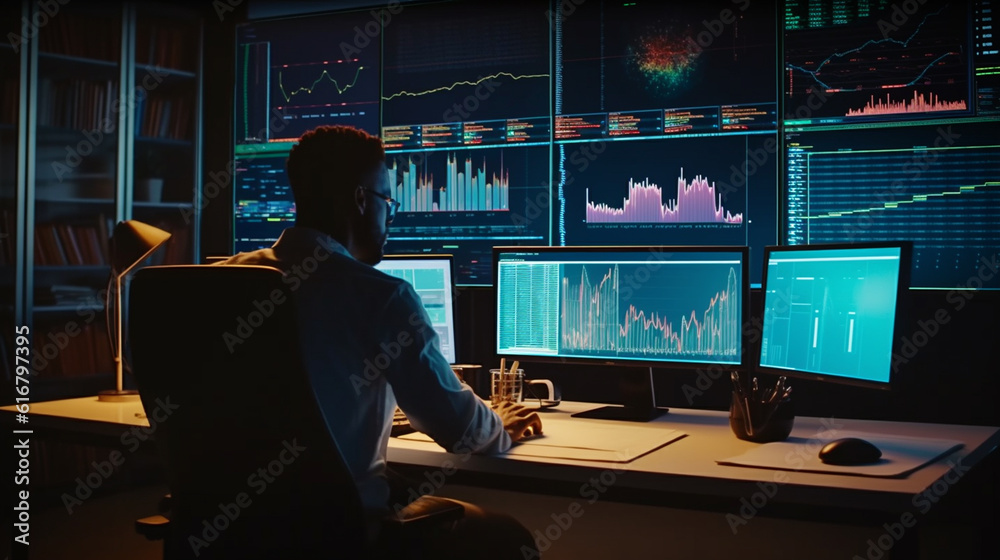 Side view of trader working on computer monitors in modern office. Forex trading concept.generative ai