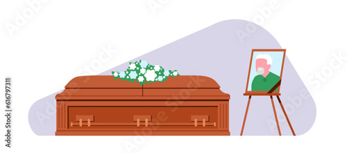 Funeral ritual. Wooden coffin with deceased and photo on stand. Dead grandfather portrait. Bouquet wreath. Traditional burial ceremony. Sadness of grandparent death. Vector concept photo