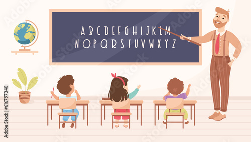 Classroom with Little Children Pupils Sitting at Desk Have Lesson Vector Illustration