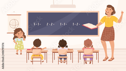 Classroom with Little Children Pupils Sitting at Desk Have Lesson Vector Illustration