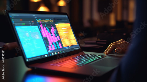 Man working on a laptop at night, close-up. Stock market concept.generative ai