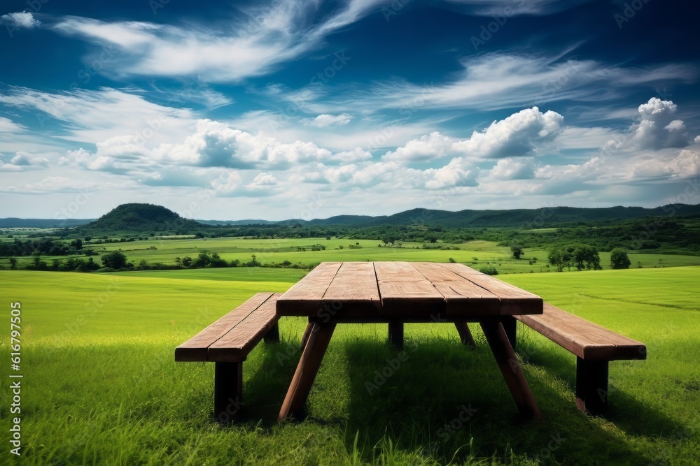 Empty wooden table with benches, beautiful landscape with clouds in meadow background