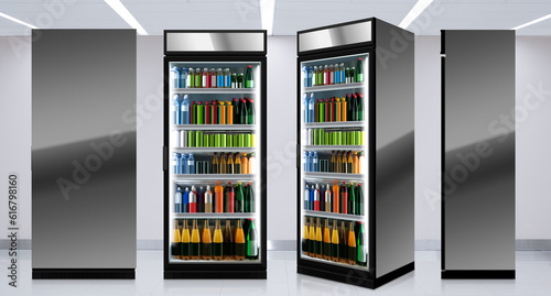 Glass door fridge Horizontal photo mockup Soda pop cans and plastic bottles in vertical freezer at supermarket. 
